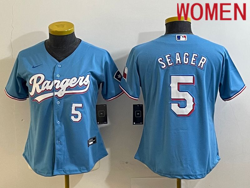 Women Texas Rangers #5 Seager Light Blue Game Nike 2023 MLB Jersey style 2->->Women Jersey